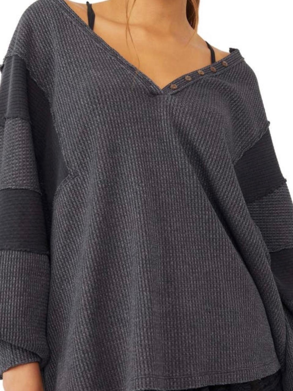 Free People Charcoal V-Neck Waffle Knit Sweater